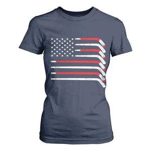 USA Flag Hockey T Shirt For Women Patriotic Hockey Stick American Flags TS02 Navy Print Your Wear