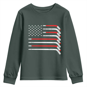 USA Flag Hockey Youth Sweatshirt Patriotic Hockey Stick American Flags TS02 Dark Forest Green Print Your Wear