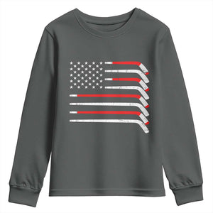 USA Flag Hockey Youth Sweatshirt Patriotic Hockey Stick American Flags TS02 Dark Heather Print Your Wear
