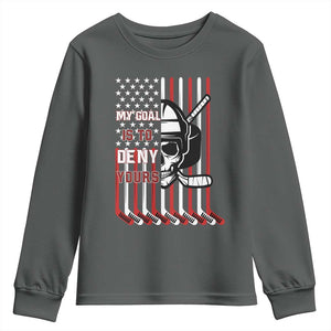 USA Flag Hockey Youth Sweatshirt Skull Player My Goal Is To Deny Yours TS02 Dark Heather Print Your Wear