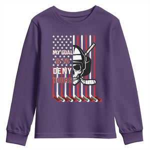 USA Flag Hockey Youth Sweatshirt Skull Player My Goal Is To Deny Yours TS02 Purple Print Your Wear