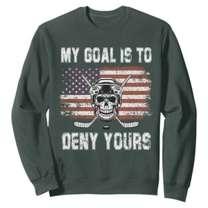 USA Flag Hockey Skull Sweatshirt My Goal Is To Deny Yours TS02 Dark Forest Green Print Your Wear