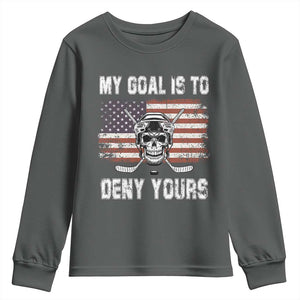 USA Flag Hockey Skull Youth Sweatshirt My Goal Is To Deny Yours TS02 Dark Heather Print Your Wear