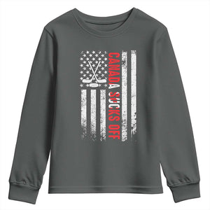 USA Flag Hockey Youth Sweatshirt Funny Canada Sucks US EH American Flag TS02 Dark Heather Print Your Wear