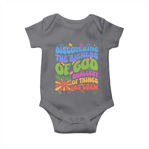 VBS 2025 Baby Onesie Discovering The Bigness Of God In The Smallest Of Things Retro Groovy TS02 Charcoal Print Your Wear