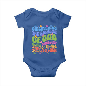 VBS 2025 Baby Onesie Discovering The Bigness Of God In The Smallest Of Things Retro Groovy TS02 Royal Blue Print Your Wear