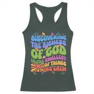 VBS 2025 Racerback Tank Top Discovering The Bigness Of God In The Smallest Of Things Retro Groovy TS02 Dark Forest Green Print Your Wear