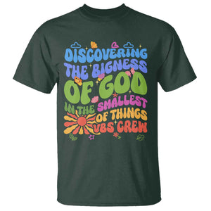 VBS 2025 T Shirt Discovering The Bigness Of God In The Smallest Of Things Retro Groovy TS02 Dark Forest Green Print Your Wear
