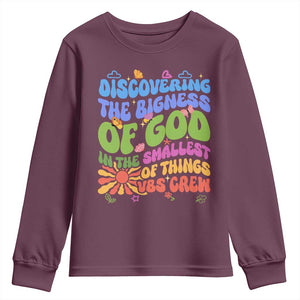 VBS 2025 Youth Sweatshirt Discovering The Bigness Of God In The Smallest Of Things Retro Groovy TS02 Maroon Print Your Wear