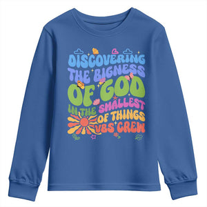 VBS 2025 Youth Sweatshirt Discovering The Bigness Of God In The Smallest Of Things Retro Groovy TS02 Royal Blue Print Your Wear