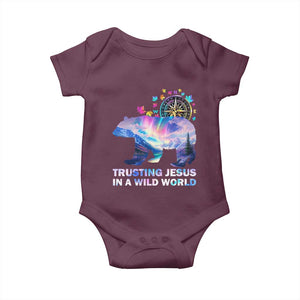 VBS 2025 Adventure Bear Baby Onesie Trusting Jesus In A Wild World Northen Lights TS02 Maroon Print Your Wear