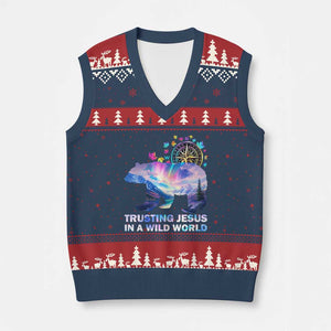 VBS 2025 Adventure Bear V-Neck Knit Sweater Vest Trusting Jesus In A Wild World Northen Lights TS02 Navy Red Print Your Wear