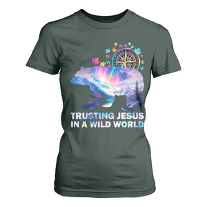 VBS 2025 Adventure Bear T Shirt For Women Trusting Jesus In A Wild World Northen Lights TS02 Dark Forest Green Print Your Wear