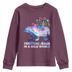 VBS 2025 Adventure Bear Youth Sweatshirt Trusting Jesus In A Wild World Northen Lights TS02 Maroon Print Your Wear
