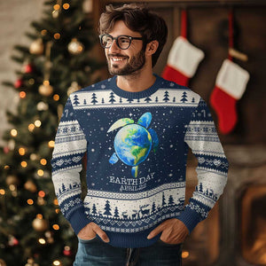 Earth Day Sea Turtle Ugly Christmas Sweater Restore Earth Save The Planet TS02 Navy Beige Print Your Wear