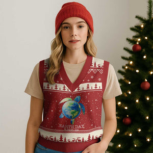 Earth Day Sea Turtle V-Neck Knit Sweater Vest Restore Earth Save The Planet TS02 Red Beige Print Your Wear