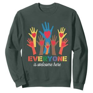 Everyone Is Welcome Here Sweatshirt Equality Rainbow Fist Hands TS02 Dark Forest Green Print Your Wear
