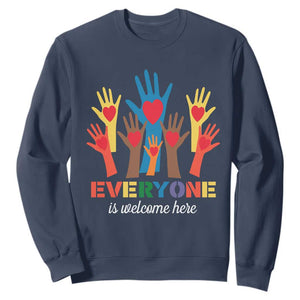 Everyone Is Welcome Here Sweatshirt Equality Rainbow Fist Hands TS02 Navy Print Your Wear