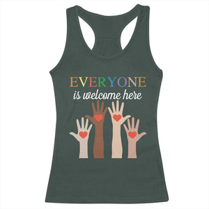 Everyone Is Welcome Here Racerback Tank Top Equality Fist Hands Hearts TS02 Dark Forest Green Print Your Wear