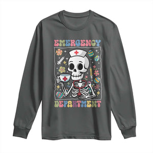 Emergency Department Skeleton Nurse Easter Long Sleeve Shirt ER Nursing Room TS02 Dark Heather Print Your Wear