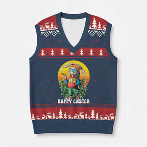 Happy 420 Easter V-Neck Knit Sweater Vest Funny Bunny Smoking Weed TS02 Navy Red Print Your Wear