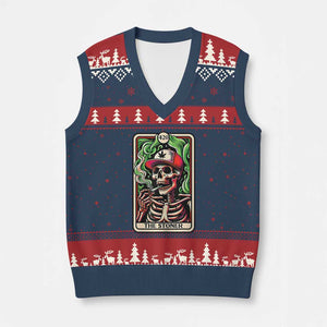 Skeleton 420 The Stoner V-Neck Knit Sweater Vest Retro Tarot Card Weed Lover Cannabis Trippy Vibes TS02 Navy Red Print Your Wear