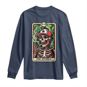 Skeleton 420 The Stoner Long Sleeve Shirt Retro Tarot Card Weed Lover Cannabis Trippy Vibes TS02 Navy Print Your Wear