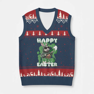 Happy 420 Easter V-Neck Knit Sweater Vest Funny Smoking Easter Bunny TS02 Navy Red Print Your Wear