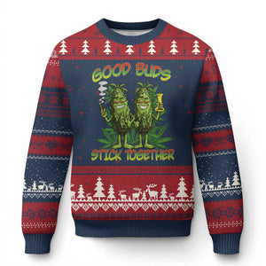 Funny Marijuana Ugly Christmas Sweater Good Buds Stick Together Couples 420 Weed Cannabis TS02 Navy Red Print Your Wear