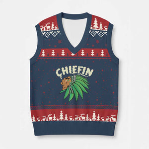 Chiefin Weed Smoking V-Neck Knit Sweater Vest Funny 420 Cannabis Pot THC Smoker TS02 Navy Red Print Your Wear