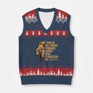 Christian Faith V-Neck Knit Sweater Vest Philippians 4:13 Religious Lion Strengthens TS02 Navy Red Print Your Wear