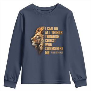 Christian Faith Youth Sweatshirt Philippians 4:13 Religious Lion Strengthens TS02 Navy Print Your Wear