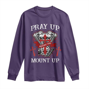 Christian Biker Long Sleeve Shirt Pray Up Before You Mount Up Faith TS02 Purple Print Your Wear