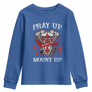 Christian Biker Youth Sweatshirt Pray Up Before You Mount Up Faith TS02 Royal Blue Print Your Wear