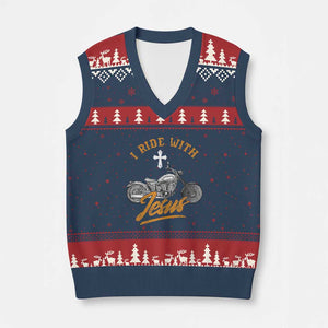 Christian Biker V-Neck Knit Sweater Vest I Ride With Jesus Faith Motorcycle TS02 Navy Red Print Your Wear
