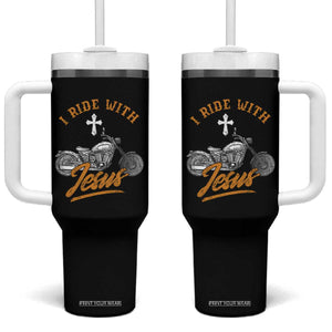 Christian Biker Tumbler With Handle I Ride With Jesus Faith Motorcycle TS02 One Size: 40 oz Black Print Your Wear