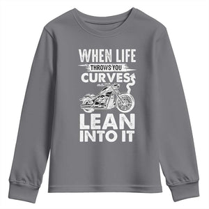 Funny Biker Youth Sweatshirt When Life Throws You Curves Lean Into It Motorcycle TS02 Charcoal Print Your Wear