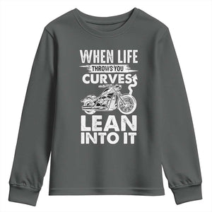 Funny Biker Youth Sweatshirt When Life Throws You Curves Lean Into It Motorcycle TS02 Dark Heather Print Your Wear