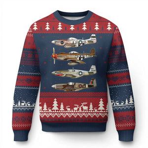WW2 Warplanes B-17 P51 Ugly Christmas Sweater Vintage WWII Fighter Planes Iconic Military Aircraft TS02 Navy Red Print Your Wear