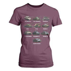 WW2 Tanks T Shirt For Women M4 Sherman Panzer IV Tiger II T-34 History Buff TS02 Maroon Print Your Wear