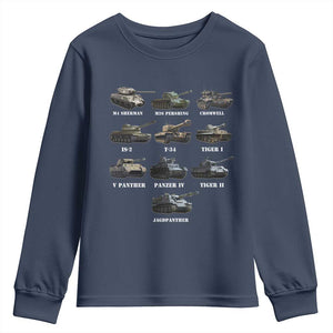 WW2 Tanks Youth Sweatshirt M4 Sherman Panzer IV Tiger II T-34 History Buff TS02 Navy Print Your Wear