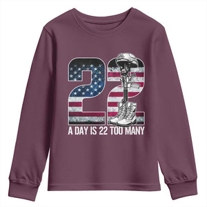 Veteran Suicide Awareness Youth Sweatshirt 22 A Day is 22 Too Many Veteran Lives Matter TS02 Maroon Print Your Wear