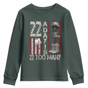 Veteran Suicide Awareness Youth Sweatshirt 22 A Day Is 22 Too Many TS02 Dark Forest Green Print Your Wear