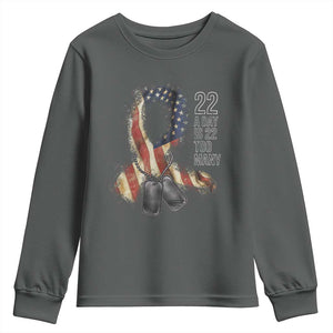 Veteran Suicide Awareness Youth Sweatshirt 22 A Day Is 22 Too Many American Flag Ribbon TS02 Dark Heather Print Your Wear