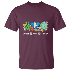Peace Love Earth T Shirt Floral Green Planet Dove TS02 Maroon Printyourwear