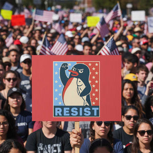 Funny Penguin Resist Graphic Protest Sign Resist Protest Against Tariffs TS02 Horizontal 18" × 24" Red Print Your Wear