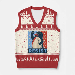 Funny Penguin Resist Graphic V-Neck Knit Sweater Vest Resist Protest Against Tariffs TS02 Beige Red Print Your Wear