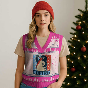 Funny Penguin Resist Graphic V-Neck Knit Sweater Vest Resist Protest Against Tariffs TS02 Hot Pink Print Your Wear