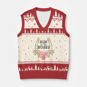 Ky Derby Horse Racing V-Neck Knit Sweater Vest Horses and Roses TS02 Beige Red Print Your Wear