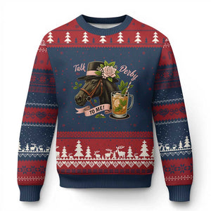 Talk Derby To Me Ugly Christmas Sweater Ky Horse Racing Mint Julep and Roses TS02 Navy Red Print Your Wear